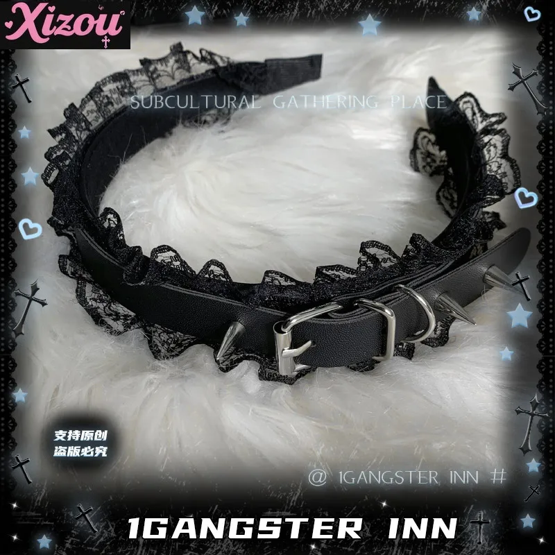 

Personalized Hot Girl Y2k Leather Buckle Pleated Headband Dark Special Subcultural Headgear Metal Niche Dark Hair Accessories