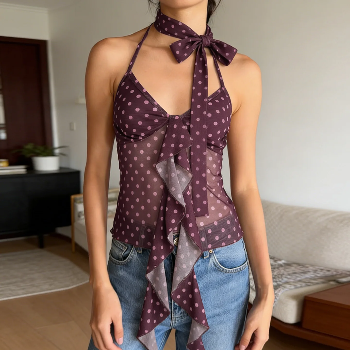 

2026 Small V-neck Irregular Ruffle Edge Polka Dot Mesh Yarn Sling Neck Small Vest