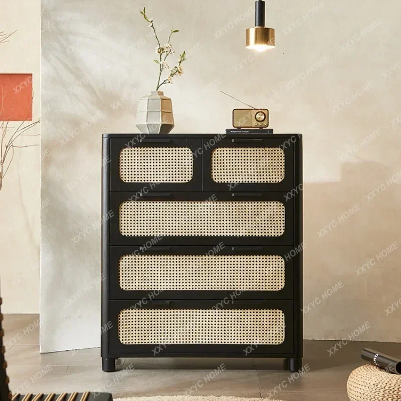 

A Solid Wood Rattan Chest of Drawers Vintage Drawer Locker B & B Household Drawer Entrance Cabinet