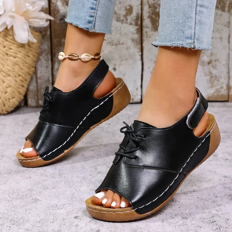 Zapatos de mujer 2025, gran oferta, sandalias de mujer con cordones delanteros, sandalias de moda con punta abierta, informales de verano de talla grande, nuevas y cómodas sandalias de cuña