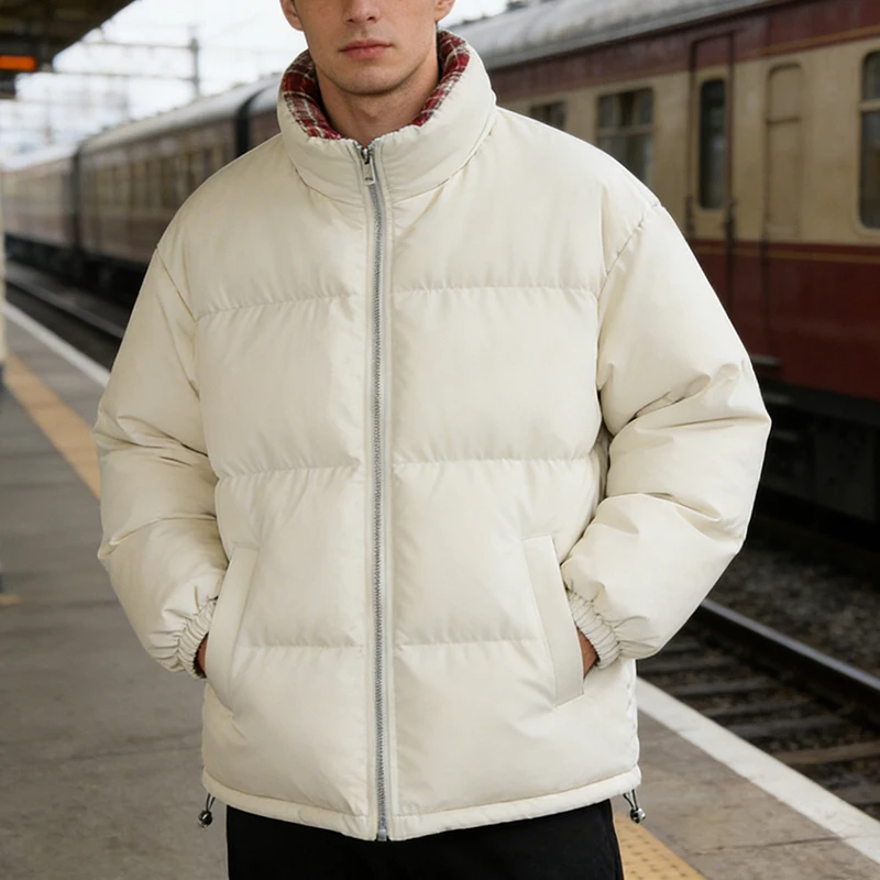 

Винтажная мужская зимняя теплая куртка-пуховик в клетку с отложным воротником на молнии, повседневная однотонная верхняя одежда для активного отдыха, стильные весенние пальто для мужчин