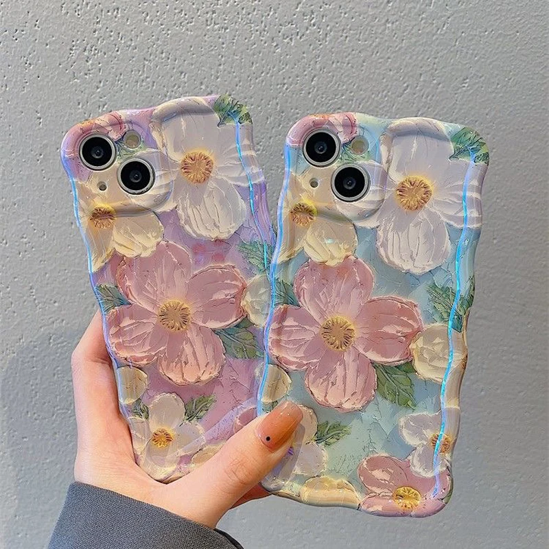 Luxury Fashion Laser Blue Light Oil Painting Flowers Phone Case For iPhone 16 15 14 11 12 13 Pro Max Wave Frame Shockproof Cover