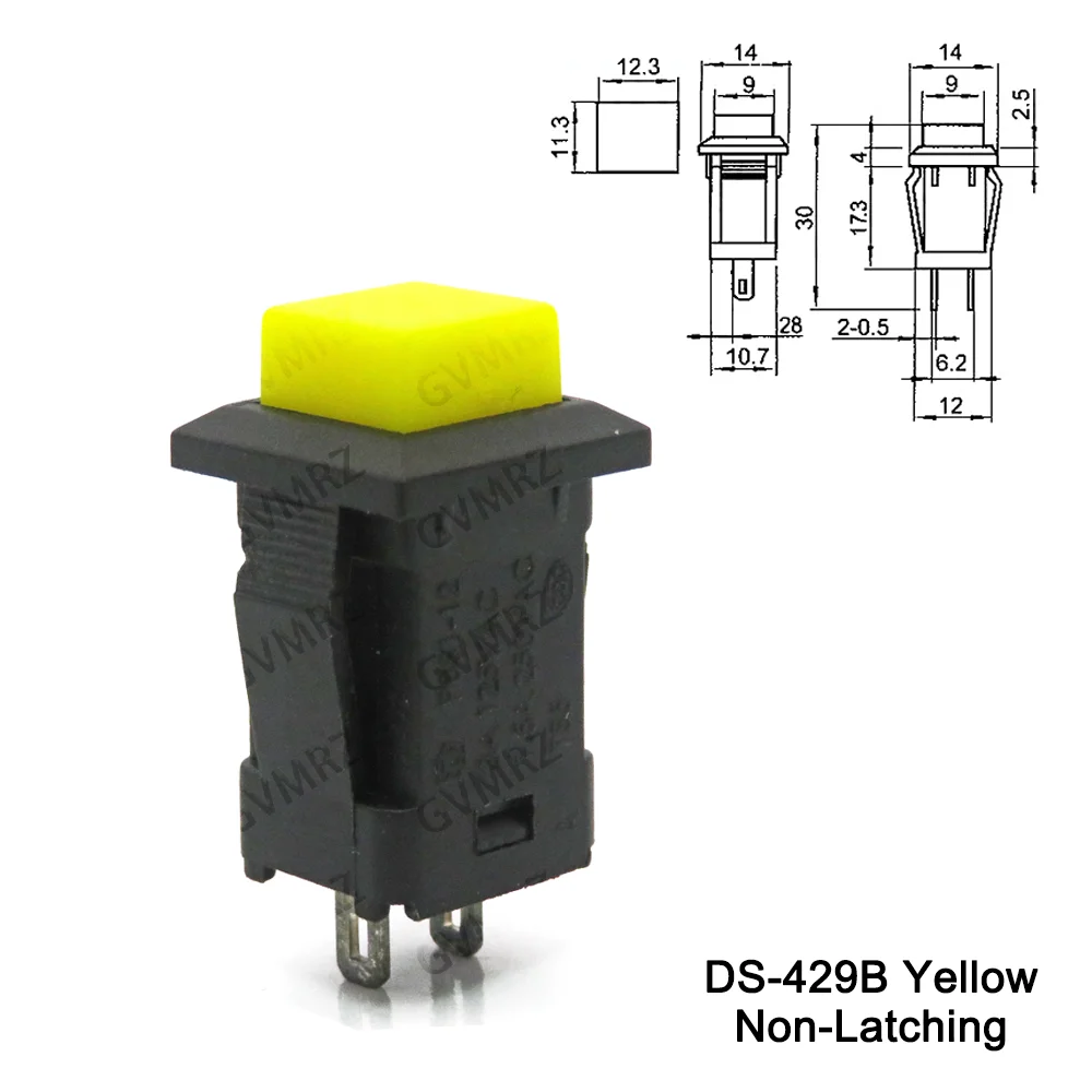 5PCS DS-429/430 Square Push Switch, 2-Pin Self-Lock/Momentary,3A 125VAC/1.5A 250VAC, Red/Green/Yellow Integrated circuit Red