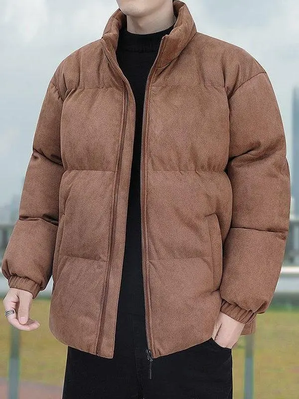 

Trendy Thiened Cotton Jaet Men's Winter New Sle Deer Skin Velvet Bread Coat Stand Fit Long Sve Zipper Closure Coat