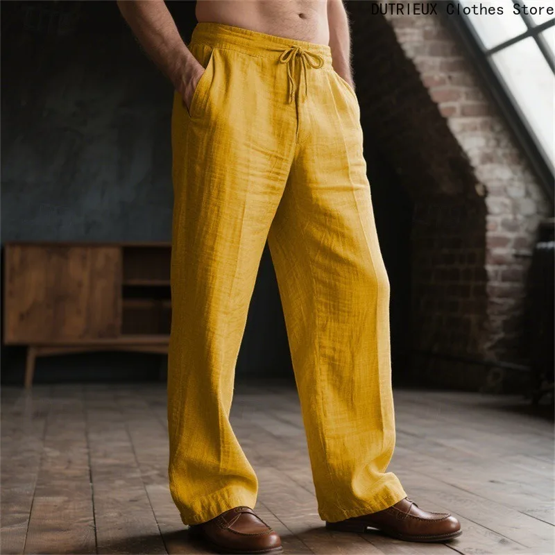 Men's Cotton and Linen Pants 2025 Summer Drawstring Elastic Waist Loose Breathable Casual Long Trousers High Street Trend Item