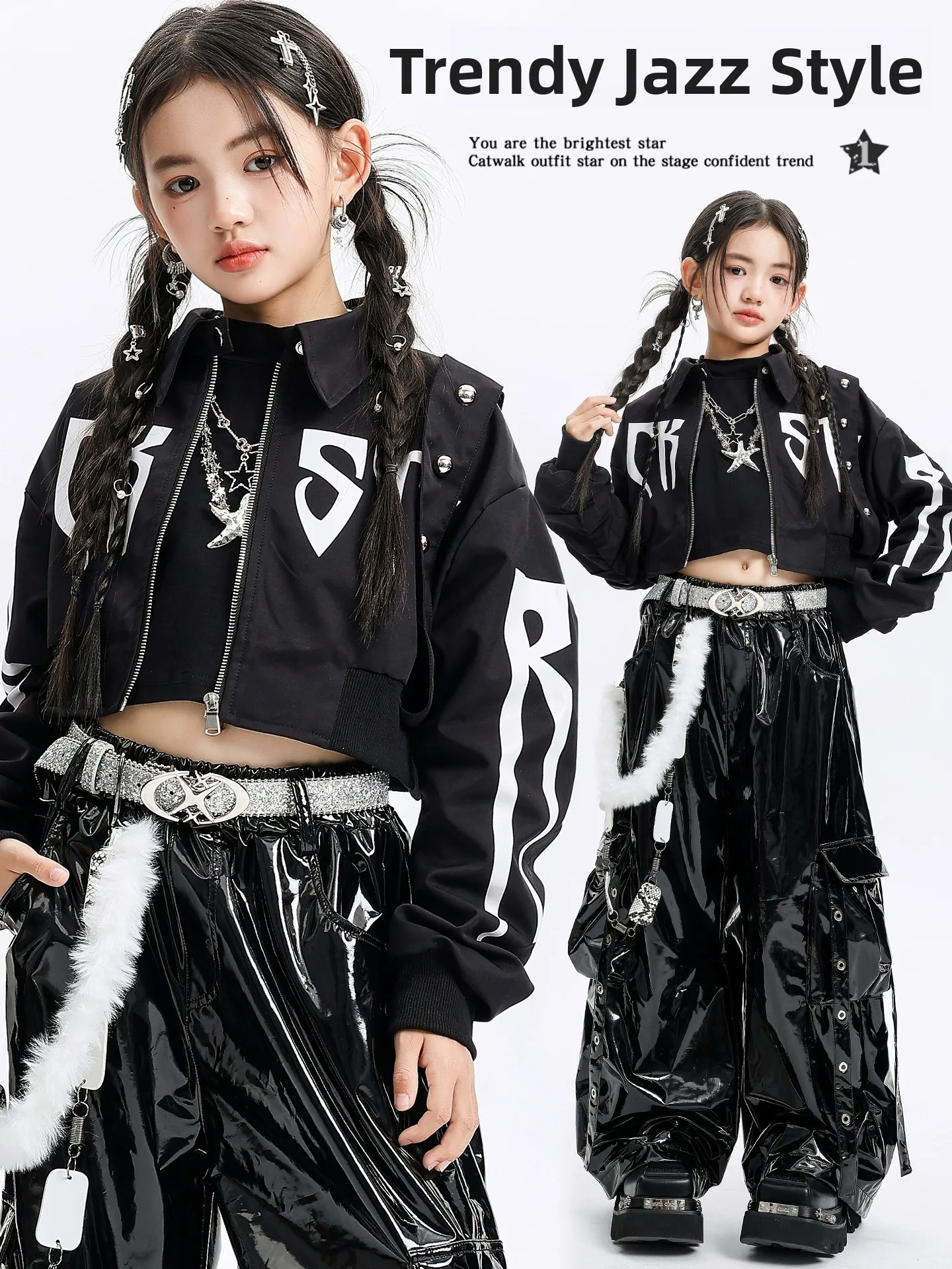 

Костюм для джазовых танцев для девочек: модный комплект с длинным рукавом и короткой курткой, детская одежда для выступлений по восточным танцам, этнический сценический наряд