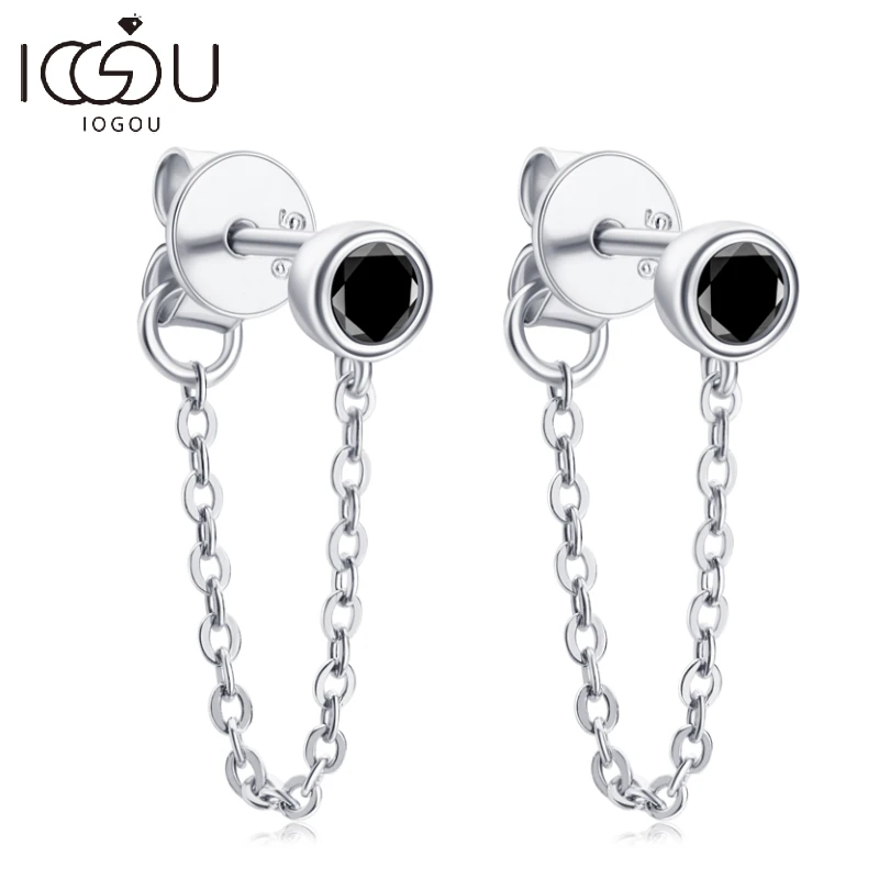 

IOGOU 3mm Moissanite Link Chain Drop Earrings for Women 925 Sterling Silver Round Black & White Diamond Ear Stud Wedding Jewelry