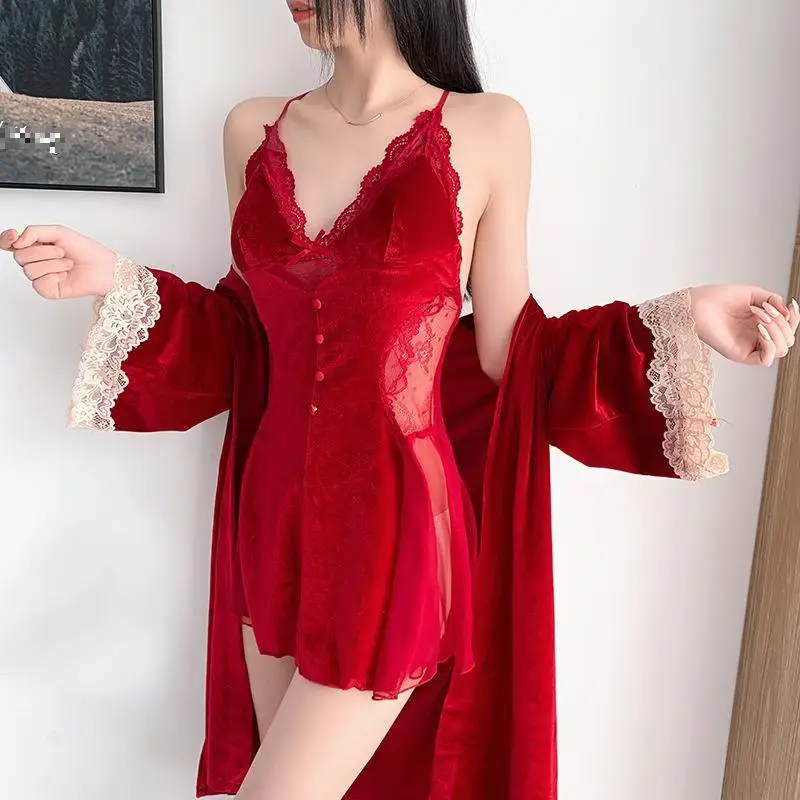 Velour Lace Bathrobe Suit para mulheres, quimono, twinset nighty robe set, camisola primavera, roupa de veludo, roupa doméstica