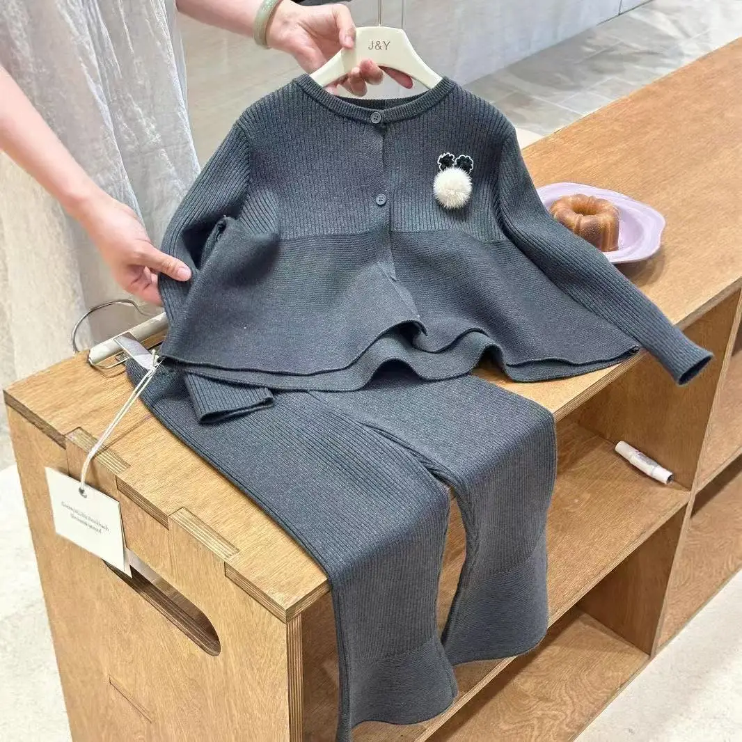 

2026 New Spring and Autumn Girls Fashion Gentle Solid Colour Wool Cardigan Jacket Long Sleeve Trousers jumper Set 90-150cm