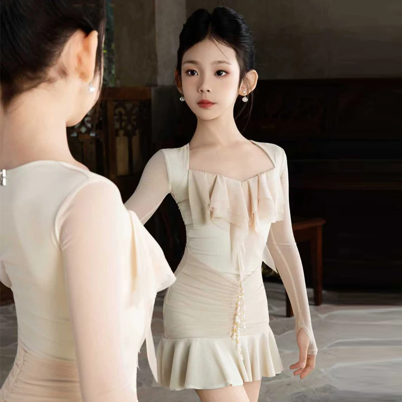 2025 جديد شبكة الأكمام اللاتينية أداء الرقص فستان الفتيات رومبا اللاتينية ملابس الرقص الأطفال قاعة الرقص أزياء SL14683 #4