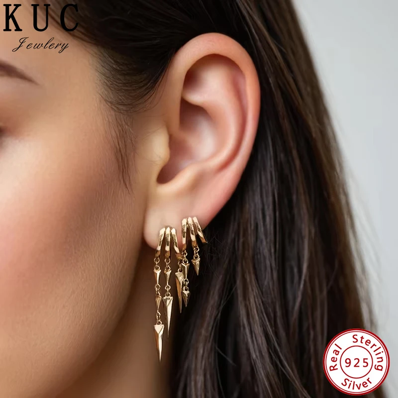 

925 Sterling Silver Original Certificate Pave CZ Spike Tassel Dangle Hoop Earrings For Women Fine Jewelry Gold Plated
