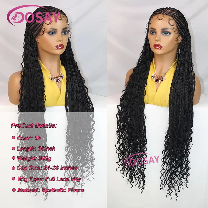 36" Synthetic Full Lace Cornrow Braided Wigs with Baby Hair Box Braids Wigs With Curly Hair Lace Wigs for Women Daily Use