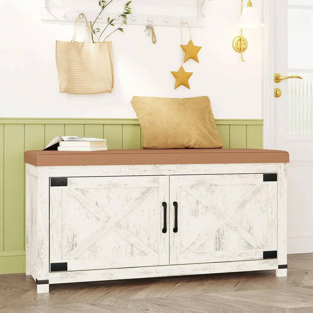 

Farmhouse Shoe Storage Bench, 2 Tier Shoe Bench With Padded Seat Cushion 2 Barn Doors, Entryway Bench With Adjustable Shelf, Sh