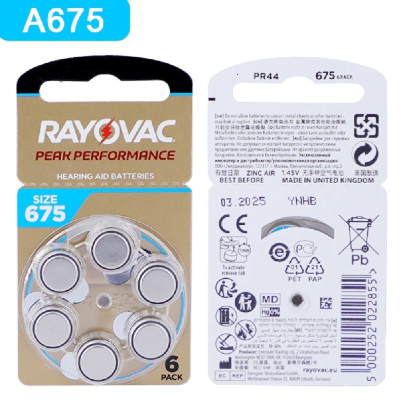 เครื่องช่วยฟังแบตเตอรี่ 60 PCS/10 การ์ด RAYOVAC PEAK Zinc Air แบตเตอรี่สําหรับ BTE CIC RIC OE เครื่องช่วยฟังแบตเตอรี่ 675A A675 675 PR44