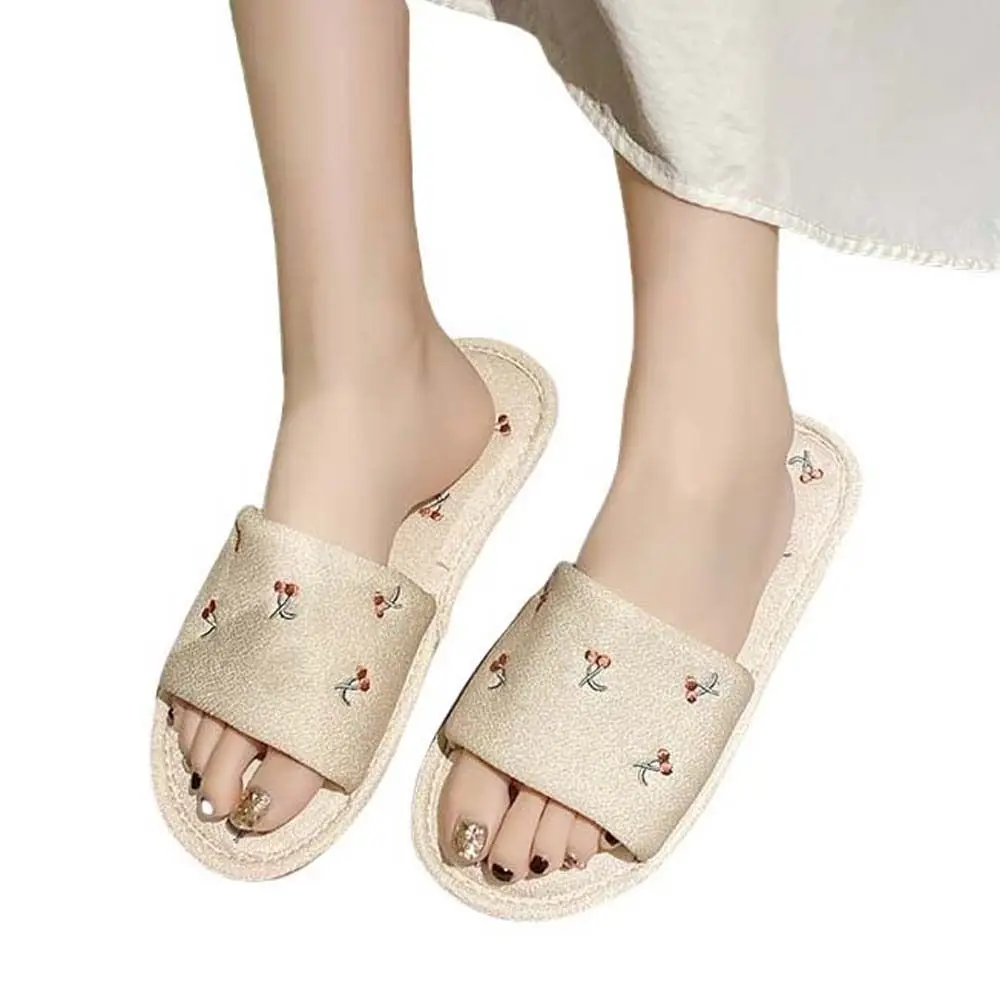 Cartoon Cherry Cotton Linen Slippers Cherry Flat Bottomed Korean Slides Sandals Anti Slip Platform Fruits Cherry Slippers Home