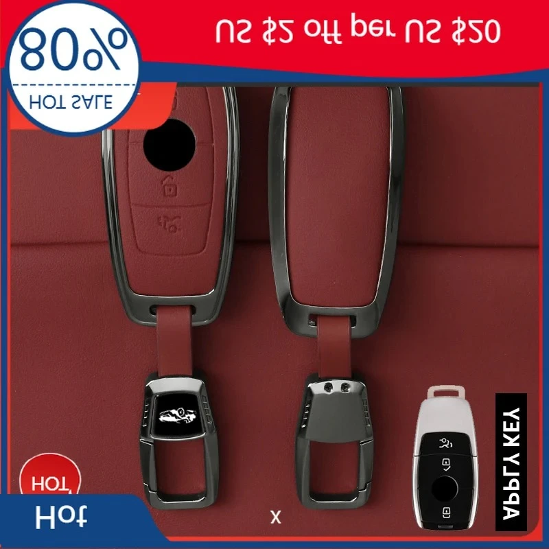 

For MERCEDES-BENZ 2026 Hot Car Sticker Zinc Alloy Leather Car Key Fob Case 3/4 Button Fits 2019 2020 Mercedes-Benz A220 E63S AMG