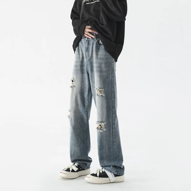 Perforated Jeans Overalls Men's Spring Summer Hong Kong Style Korean Version Loose Old Straight Mop Casual Pants Men