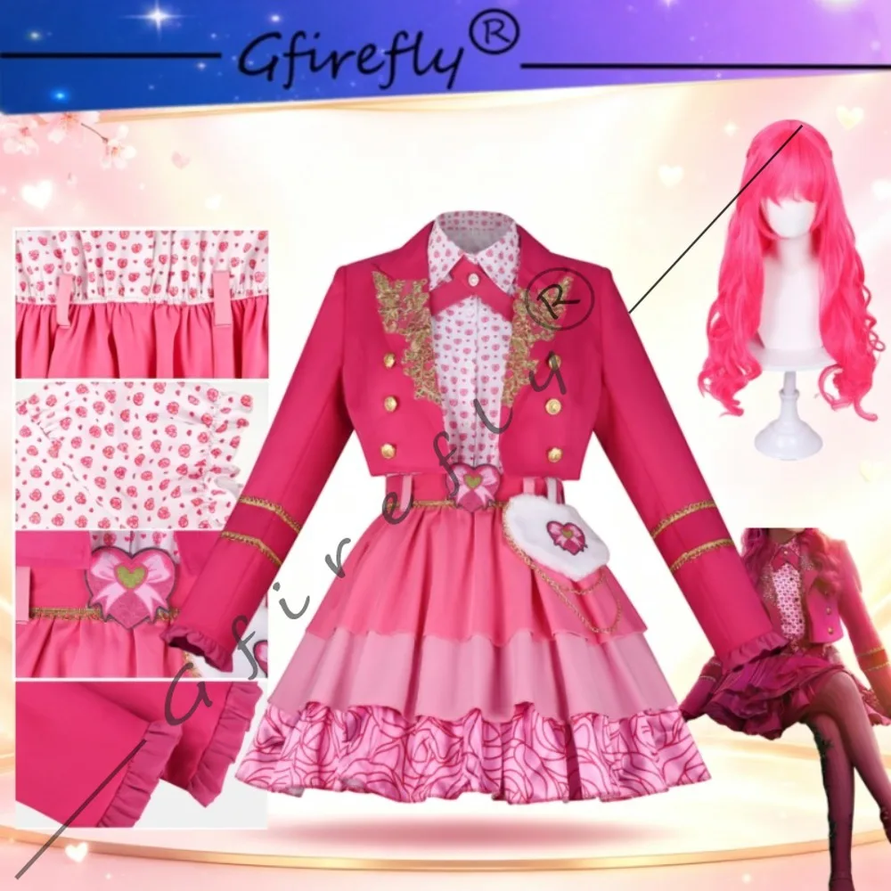 Costume de cosplay Princesse Rose Descendants, tenue avec jupe rose, accessoires assortis, perruque, costume de jeu de rôle pour fête d'Halloween et scène.