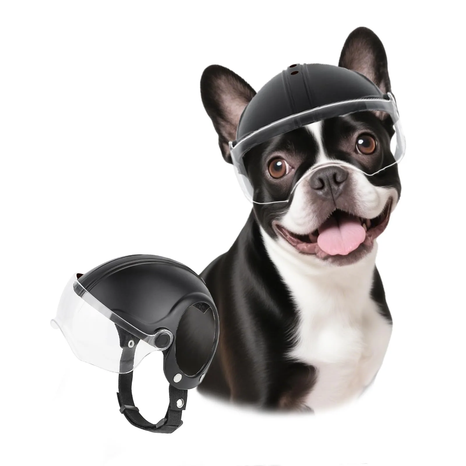 Kask dla psa małych ras, stylowy kask motocyklowy dla zwierząt z wysuwanym srebrnym wizjerem (bez nitów i nitowników) — 2