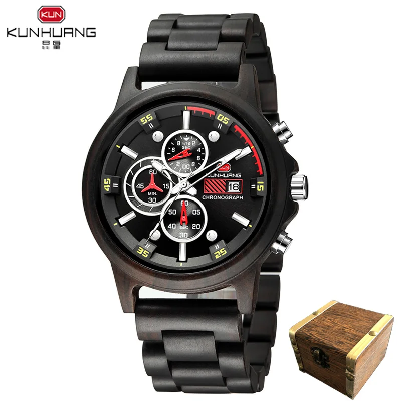 Handmade Natural Wooden Watches Chronograph Date Military Sport Mens Watches Top Luxury Fashion Casual Watch Personalized Custom