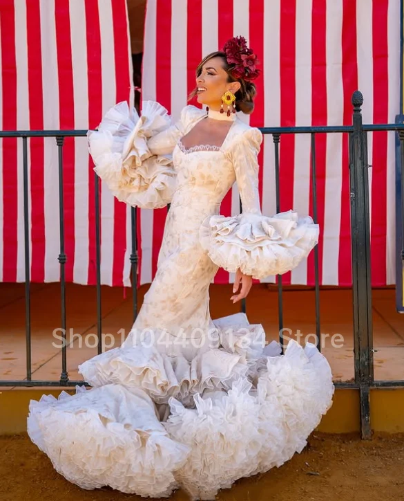 

Ivory Mermaid Prom Dresses Moroccan Bell Sleeves Fluffy Layered Mexican Women Party Dresses Evening Gowns Customized