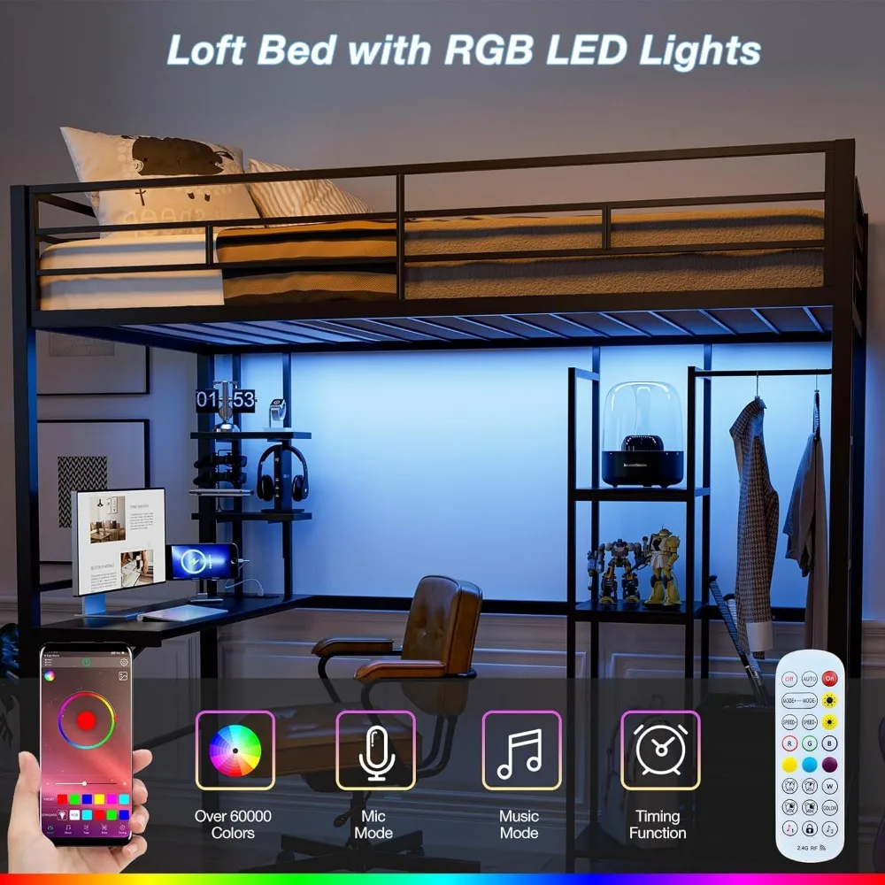 Twin Size Metal Loft Bed, Mesa e Armazenamento Prateleiras, Luzes LED e Estação de Carregamento, Guardrail e Escada, 13,4 em