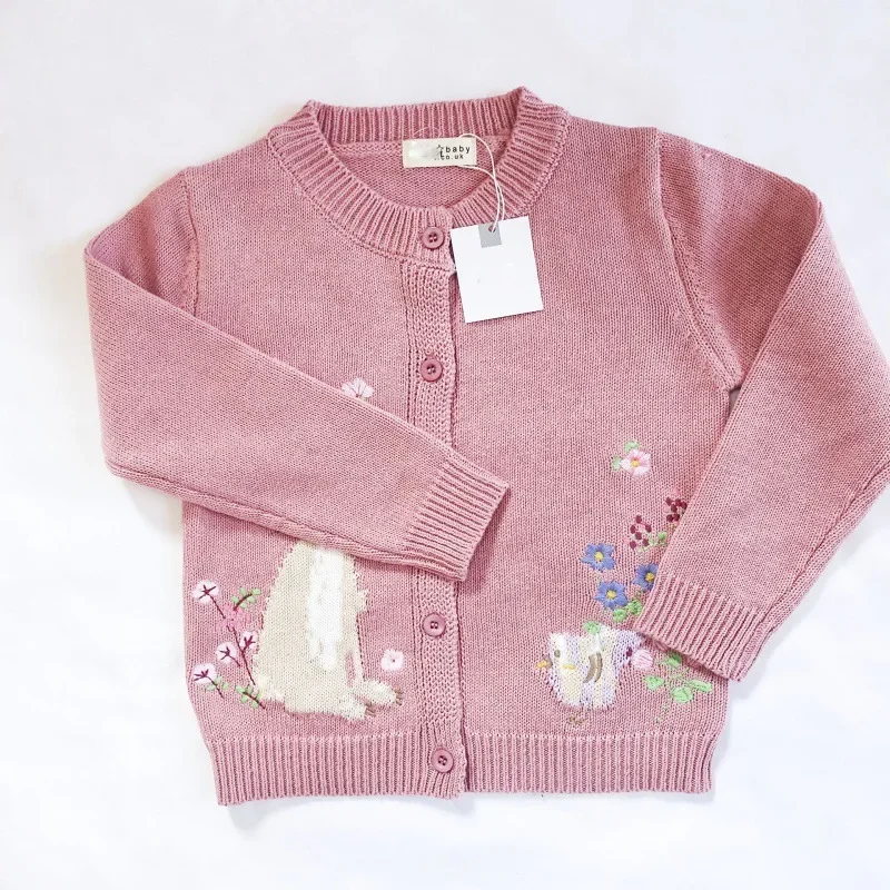 Baby Girls Cotton Knitted Cardigan Pink Color Cartoon Rabbit Embroidery Spring Autumn Sweater Kids Outerwear Top