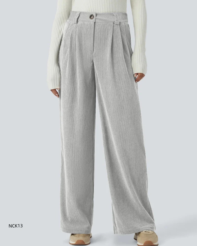 Corduroy broek met hoge taille voor dames Herfst Winter Ontspannen broek met rechte pijpen High Street Wijde pijpen Dikke warme broek met losse knopen