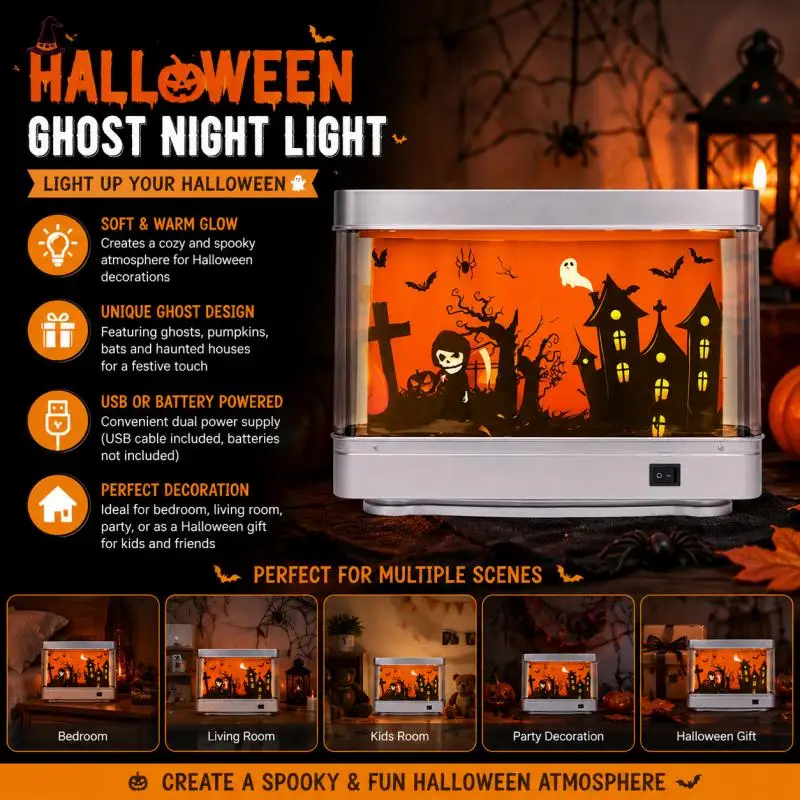 ハロウィンナイトライトフェイクアクアリウムムードランプ、お化け屋敷の幽霊、カボチャ、コウモリのシーン、子供の寝室のテーブルパーティーデコレーション用