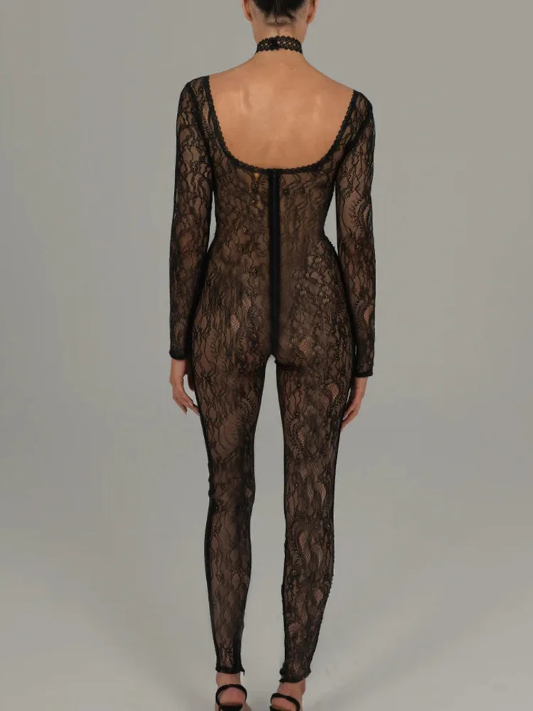 JULISSA MO Square-Neck Long Sleeve Lace See Through Sexy Jumpsuits One Piece Bodycon 2023 Autumn Rompers Club Party Outfits