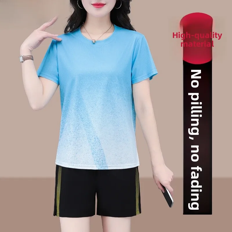 

TUCANO Ice Silk Fitn Set Women's Summer Loose Large Size Qui Dry ort Sve Two-Piece Suit round Ne Pull-Over Top