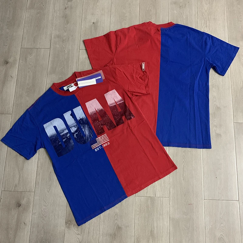 Summer Man Split Color T Shirt American Style DUAA Print Short Sleeve Unisex Street Vintage Top Loose Casual Tee Real Photo