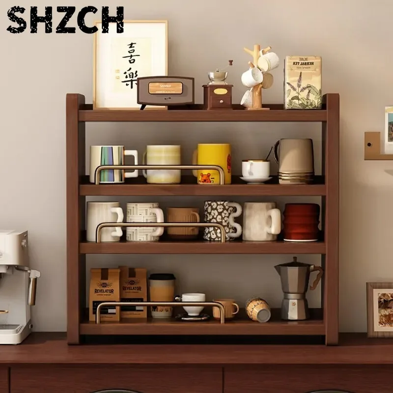 Solid Wood Cup Holder, Vintage Metal Rail Coffee Mug Tree, Farmhouse Kitchen Counter Cup Organizer, Home Coffee Bar Accessories