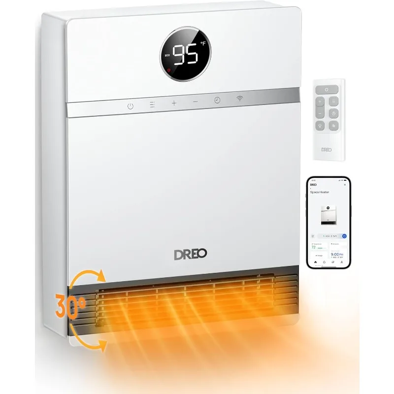 

Умный настенный обогреватель Dreo, тепловентилятор PTC IP24, 30 ° Осцилляция, регулируемый термостат, пульт дистанционного управления, работает с Alexa, 24-часовой таймер