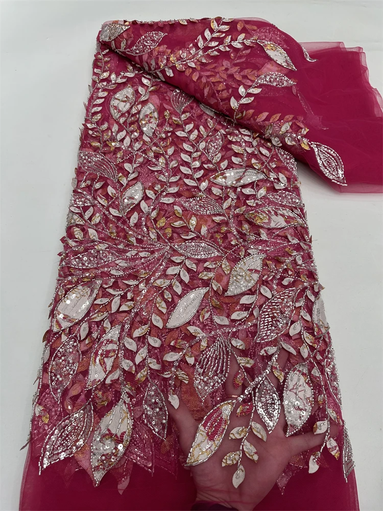 

Nigerian Sequins Party Lace African Beads Lace Fabric 2025 High Quality 5Yards African French Tulle Net Lace Fabric