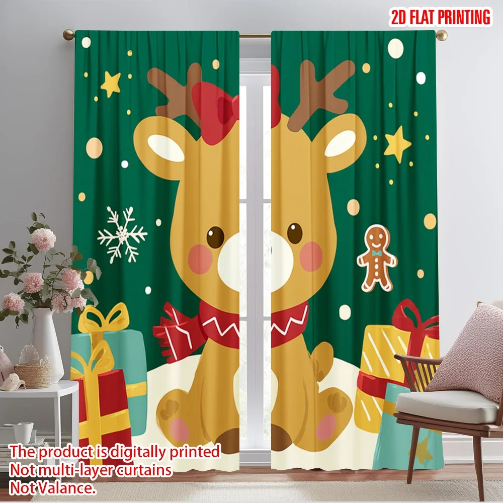 

2pcs 2D flat printing Window Curtains Festive Reindeer Bliss Fabric Without Electricity Party Decorations Use for Classroom