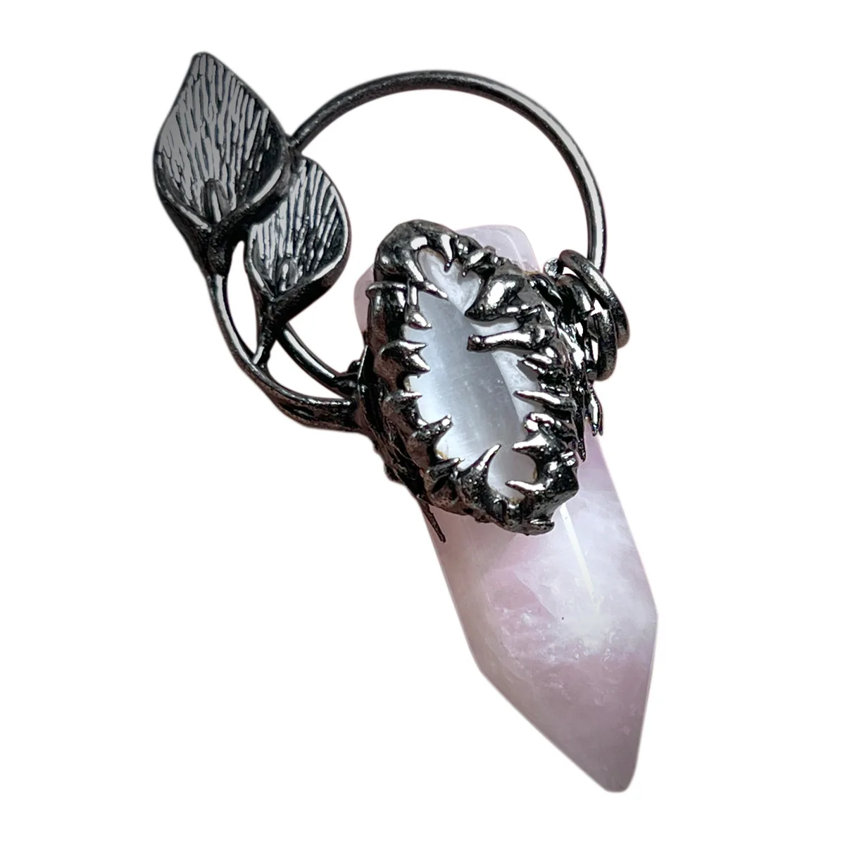 YEEVAA Halloween Skull Vintage Pink Crystal Hexagonal Pillar Set with Cat's Eye Stone Plated Antique Silver Pendant