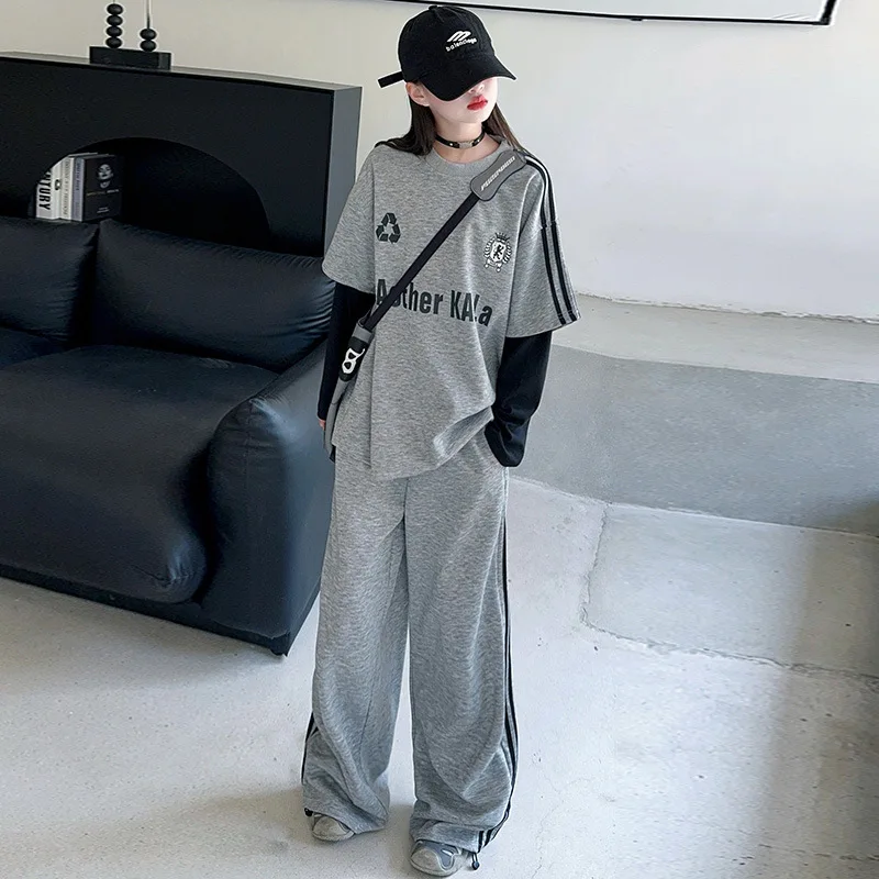

spring teen girl sportswear set fake two-piece hoodie+casual wide leg pants 2pc junior kid clothes suit child tracksuits outfits