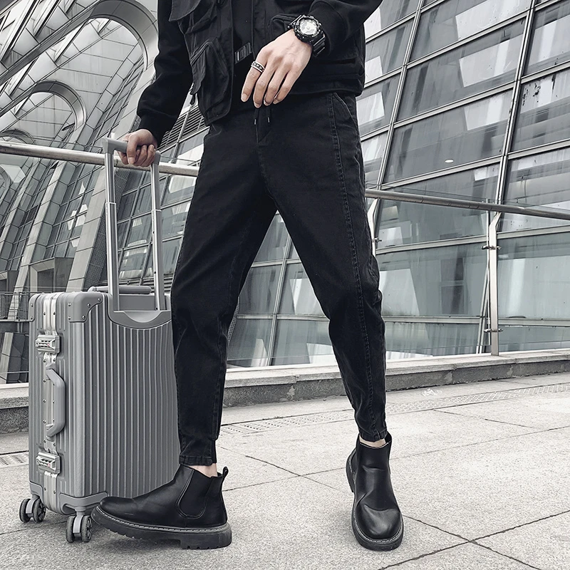 

Повседневные мужские джинсы Slim Fit для весны и осени, универсальные брюки с отворотами, корейский модный бренд, молодежные популярные джинсы со средней посадкой из денима