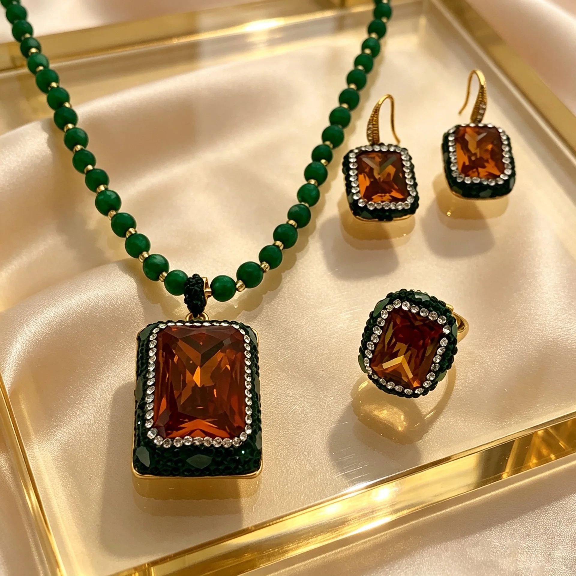 Statement Luxury Color Changing Sultan Stone Inlaid Crystal Pendant Necklace Earrings Ring Women Elegant Party Gift Jewelry Set