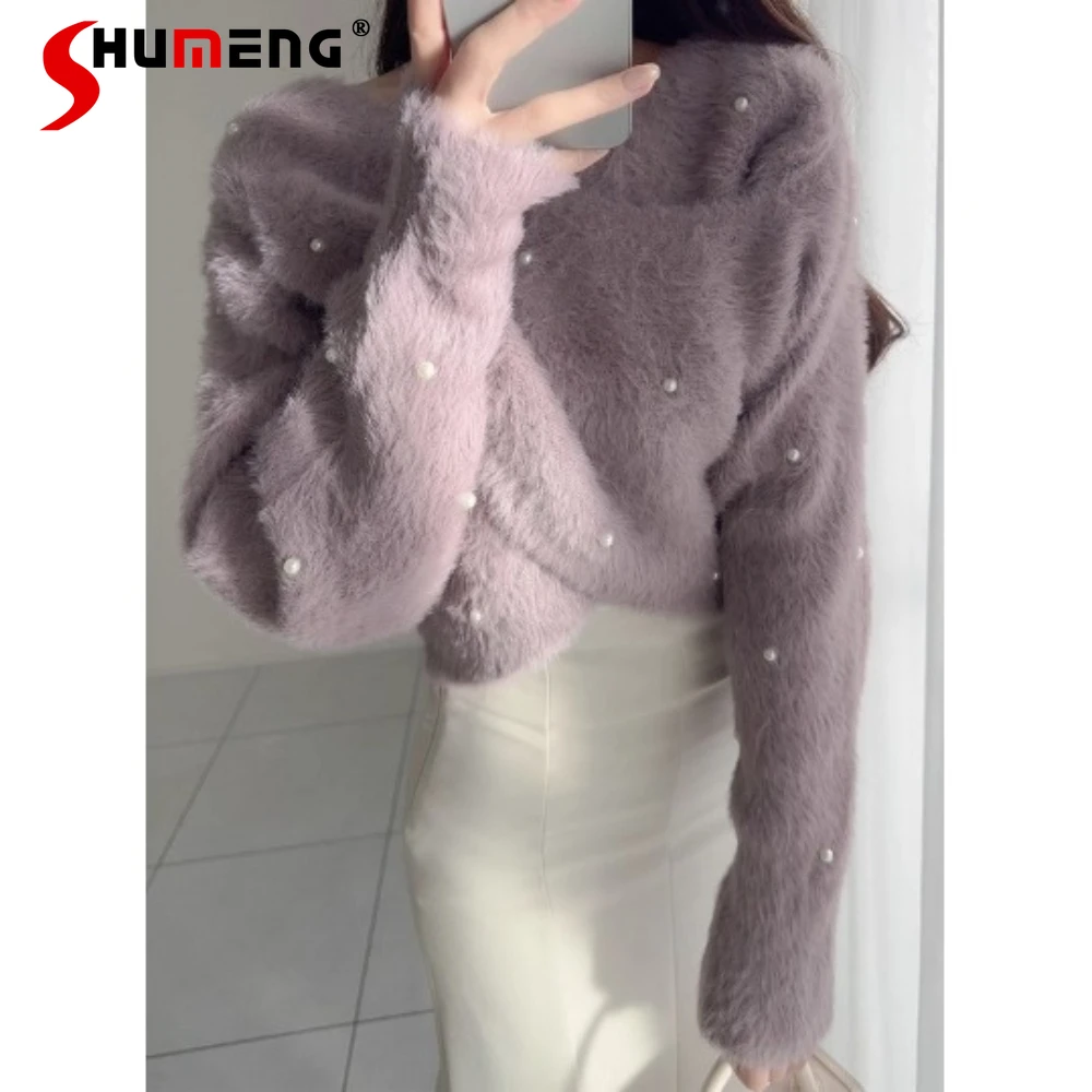 

Japanese Style Elegant Sweet V-Neck Long Sleeve Heavy Industry Beaded Soft Plush Short Knitted Sweater Pullover for Women Autumn