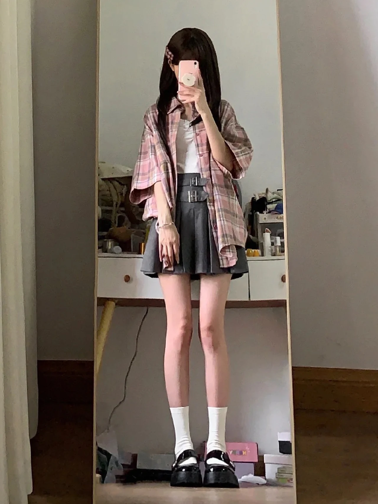 

Retro American Pink Plaid Short Sleeve Shirt Women Summer Casual Loose Student Top Small Size Straight Cut Button up