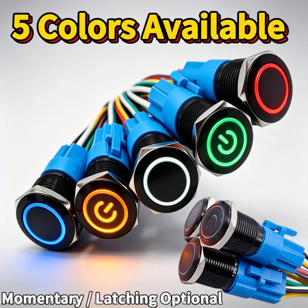 40Pcs 16/19mm Black Oxidation Metal IP66 LED Push Button Flat Head Momentary Latching Switch 5V 12V 24V 220V Auto Industrial Red