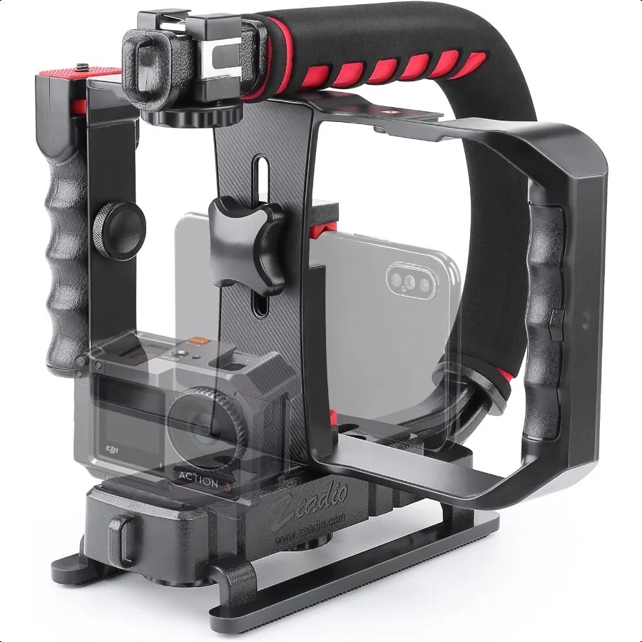 

Zeadio Camera Handheld Stabilizer with Smartphone Video Cage Rig Triple ColdShoe Handle Grip Compatible with All Camera Action