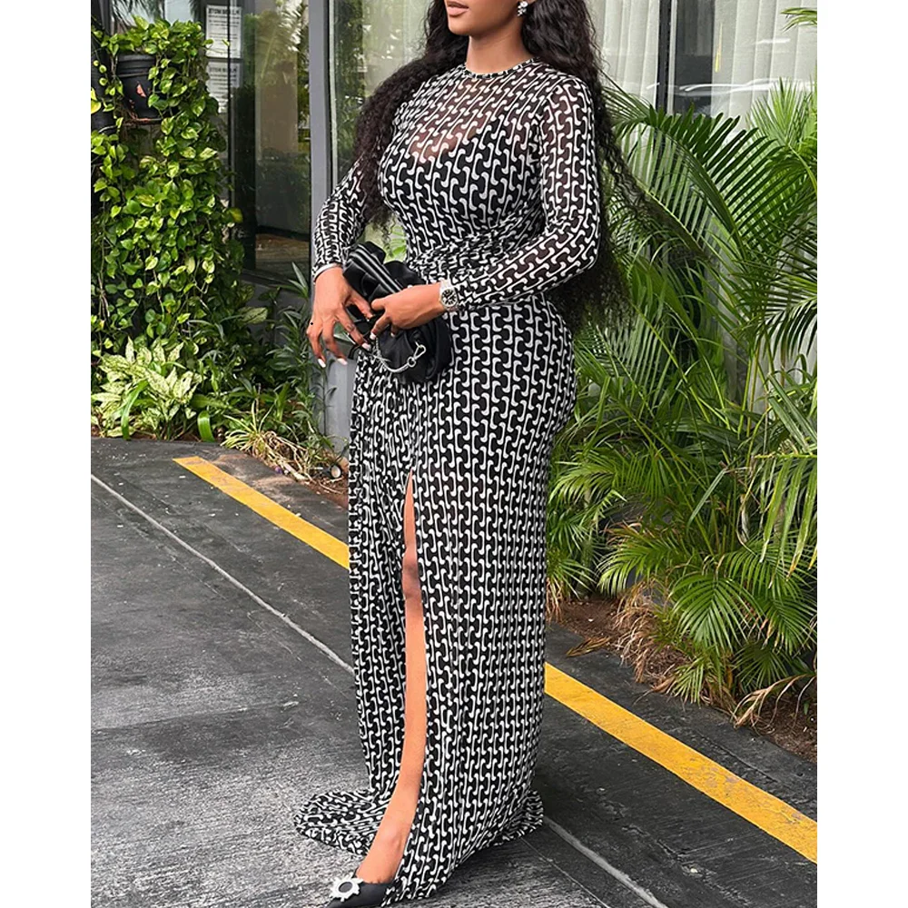 

Summer Women Geometric Print Long Sleeve Waist Tied Detail Maxi Dress Casual Slim Fit Slit Vacation Dress