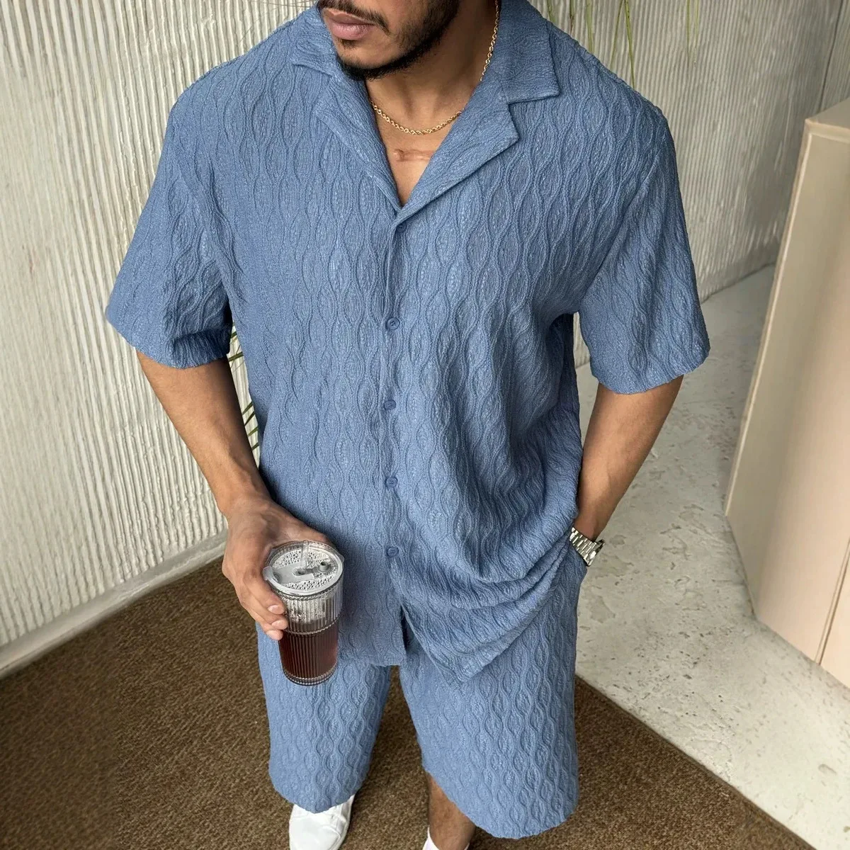 2026 European and American Spring and Summer New Casual Men's Diamond Pattern Design Short-sleeved Shirts and Shorts Men's Suits