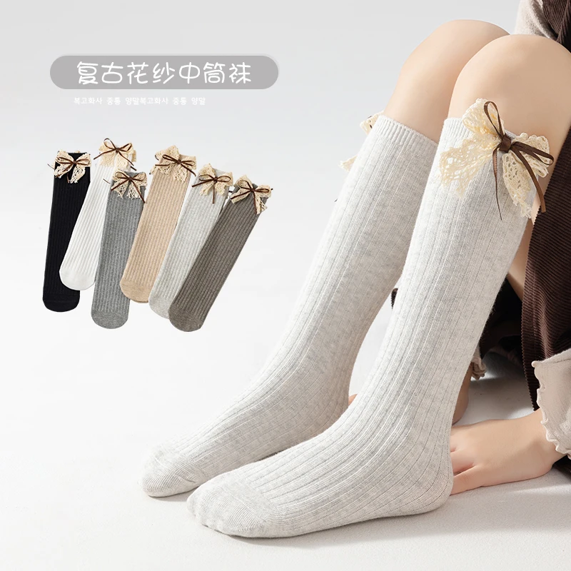 Little Girls Spring Autumn Knee-High Socks Delicate Lace Bow Decor Calf Socks Princess Style Soft Stretchy Breathable Long Socks