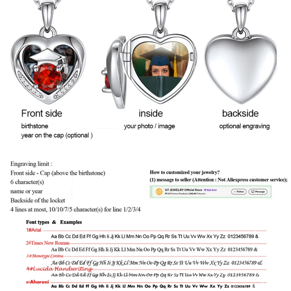 U7 925 Silver Custom Heart Photo Locket Necklace for Women Girls Birthstones Cap Graduation Necklaces Family Jewelry Gift