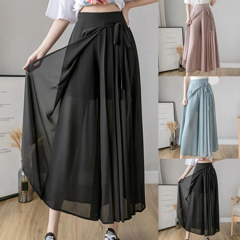 Casual Women Pants Solid Color Wide Leg High Waist Pleated Loose Slacks Trousers for Work Summer Beach Female Chiffon Trousers