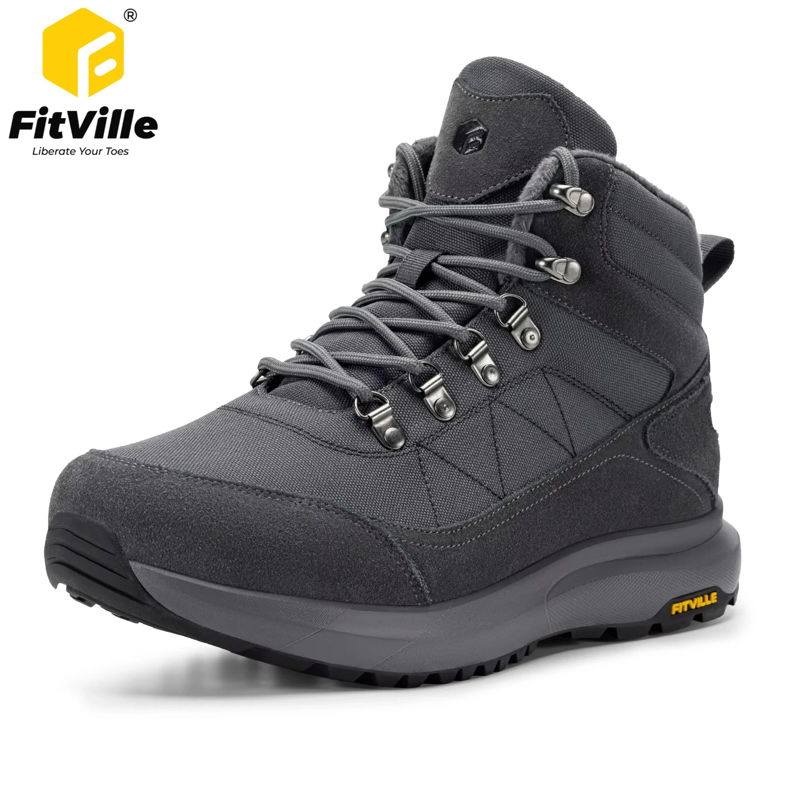 FitVille Men's Winter Hiking Boots Wide Toe Snow Boot Water‑resistant Warm Fleece Casual Trekking Shoes for Men Relief Foot Pain